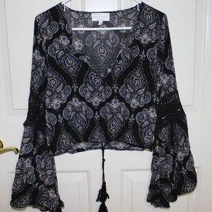 Dark Navy Detailed Blouse with bell sleeves